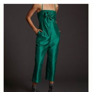Anthropologie X Hutch Green Satin Bow Tie Jumpsuit sz M